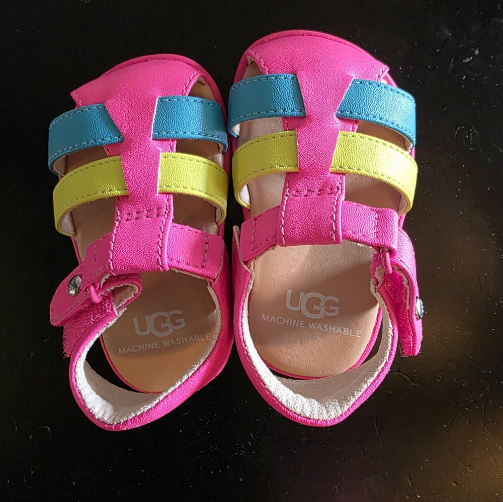 UGG Kids Bright Pink Sandals with Blue and Yellow Straps